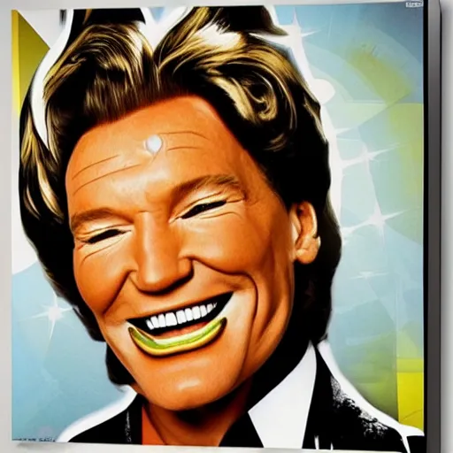 Image similar to handsome, jocelyn wildenstein, pop art poster, vivid colors, cartoon, long chin, big smile