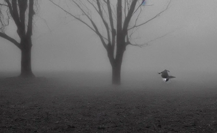 Image similar to cinematic shot of a crow at tree, moody scene from being john malcovich directed by charlie kaufman ( 2 0 0 1 ), foggy volumetric light morning, anamorphic lenses, kodak color film stock