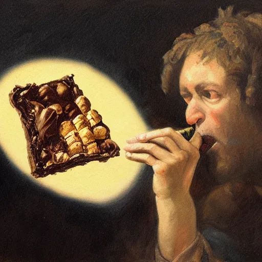 Image similar to saturn devouring a snickers chocolate bar, goya painting, in the style of goya and greg rutkowski, in the style of black paintings, 8 k, highly realistic