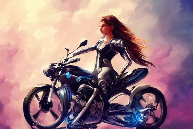 Prompt: a girl is riding a motorbike, the space background, digital painting by artgerm hyperdetailed trending on artstation trending on deviantart