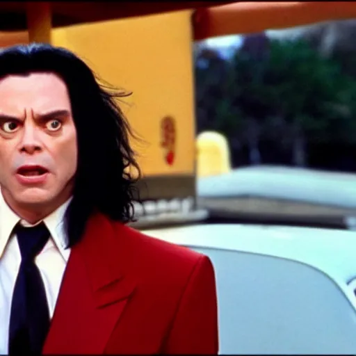 Prompt: still of tommy wiseau as vincent vega holding a gun in pulp fiction ( 1 9 9 4 ), 4 k, cinematic, film footage, screencap, by quentin tarantino