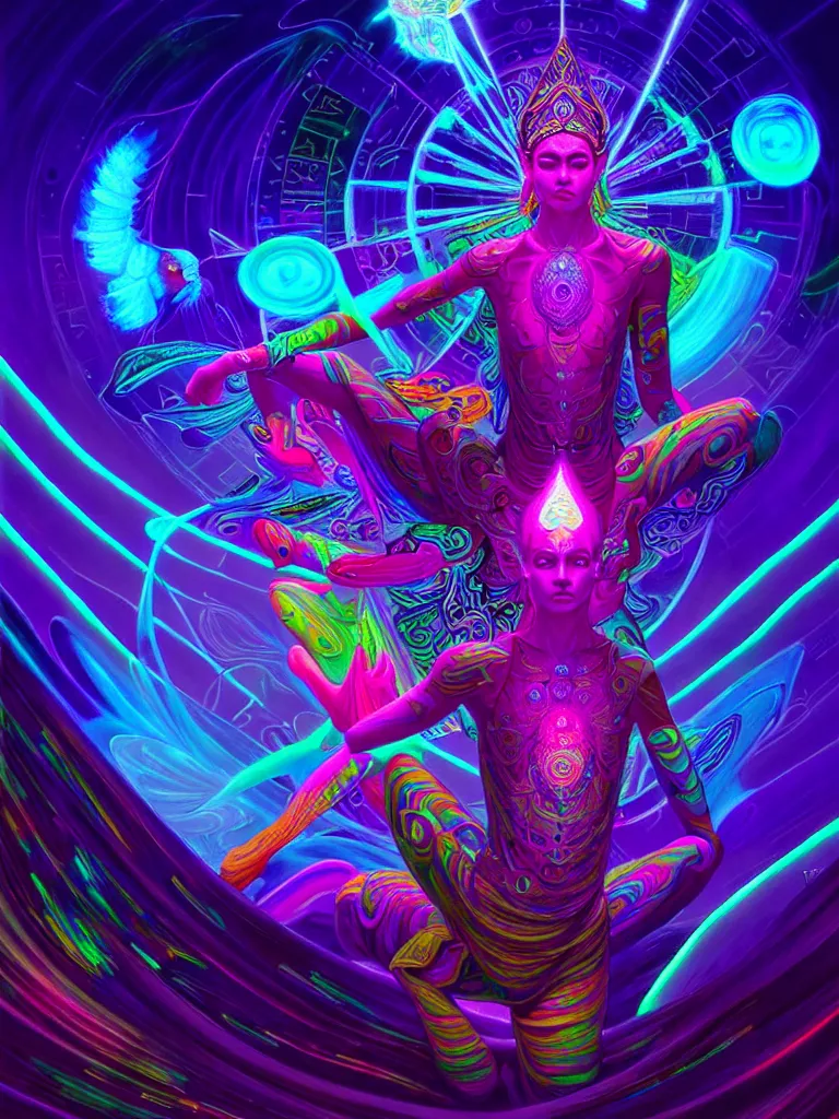 Image similar to epic scale cinematic full view chromaticity dmt being alex grey character concept of a beautiful colorful crystals powder liquids, glowing fluorescent velvet neon blacklight hues and saturation, sacred dmt color deity visionary fantasy art by greg rutkowski android jones artgerm alphonse max chroma rule of thirds golden ratio sacred geometry ai generated art