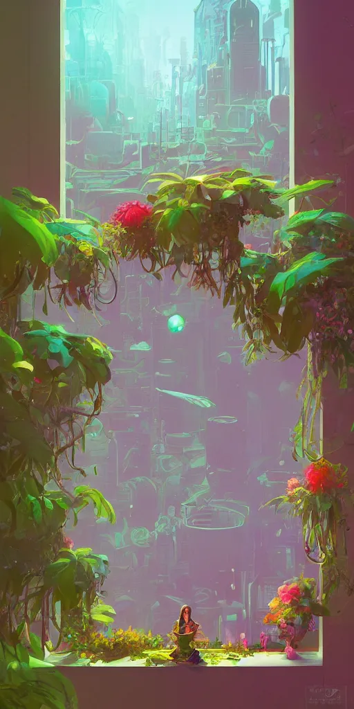 Prompt: lush solarpunk Victorian windowsill with futuristic plants on it, looking out toward a solarpunk cityscape, vignette of windowsill with a vase with flowers and a plate on it, detailed digital concept art by anton fadeev and marc simonetti, trending on artstation