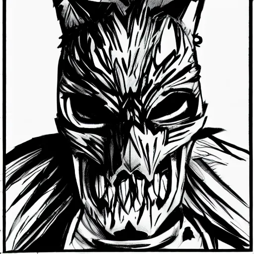 Prompt: a comic of a man wearing a skull fox mask, trending on artstation, highly detailed, sin city, frank miller,