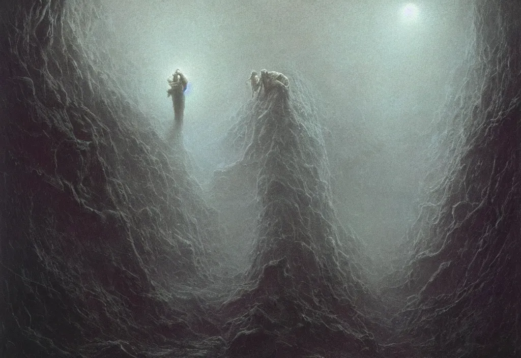 Prompt: will farrell and john c. reilly entering a chasm full of unspeakable cosmic horrors, horror, terrifying atmosphere, atmospheric, by greg rutkowski and zdzisław beksinski, 8 k