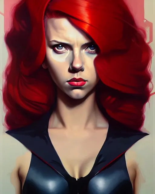 Image similar to peter mohrbacher, phil noto, artgerm, pretty scarlett johansson black widow, symmetrical eyes, long red hair