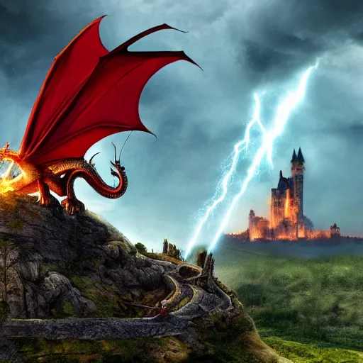 Prompt: a knight going to jump to get on a dragons back as the dragon breathes fire and inflames the ground beneath him, with castle in distance, stormy, raining, 4 k, hd, realistic