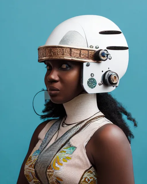 Prompt: centered medium shot fine studio photograph of a beautiful black woman wearing only a white solarpunk mecha Nigerian helmet with bright lights, ultra-realistic, white background, 8k HDR sunset lit, intricate