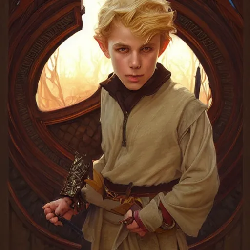 Image similar to an epic fantasy comic book style portrait painting of a young blonde boy thief, d & d, fantasy, intricate, elegant, highly detailed, digital painting, artstation, concept art, matte, sharp focus, illustration, art by artgerm and greg rutkowski and alphonse mucha