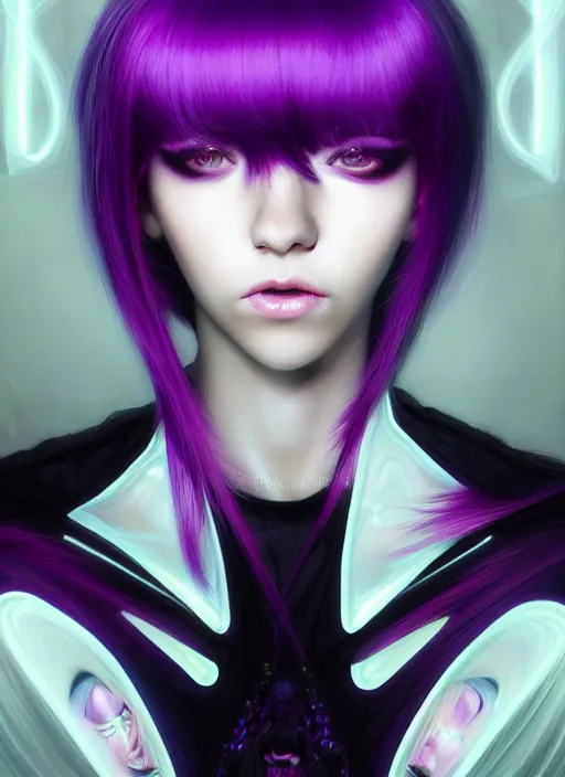 Image similar to hair whitebangs hair, black cyberlox, portrait of normal teenage girl with white bangs, messy bangs, cyberlox, whitebangs, red irises, purple clothes, intricate, elegant, glowing lights, highly detailed, digital painting, artstation, concept art, sharp focus, smooth, illustration, art by wlop, mars ravelo and greg rutkowski