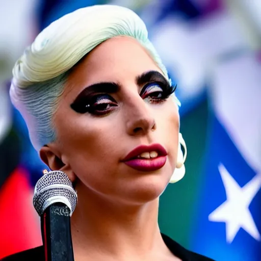 Image similar to Lady Gaga as president, Argentina presidential rally, Argentine flags behind, bokeh, giving a speech, detailed face, Argentina