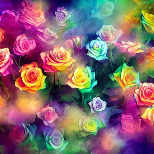 Image similar to Smoke infused colorful roses, hazy, atmospheric, inspiring, digital art, award winning, artstation,