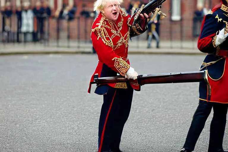 Prompt: closeup portrait of boris johnson dressed as a queen's guard firing a musket in a london street, natural light, sharp, detailed face, magazine, press, photo, steve mccurry, david lazar, canon, nikon, focus