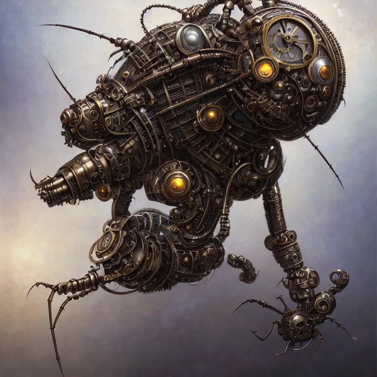 Image similar to steampunk robot ant, unreal engine realistic render, 8 k, micro detail, intricate, elegant, highly detailed, centered, digital painting, artstation, smooth, sharp focus, illustration, artgerm, tomasz alen kopera, peter mohrbacher, donato giancola, joseph christian leyendecker, wlop, boris vallejo