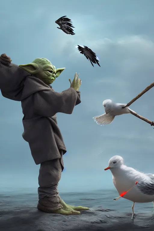 Image similar to Yoda smacking a seagull with a stick, hyperdetailed, artstation, cgsociety, 8k