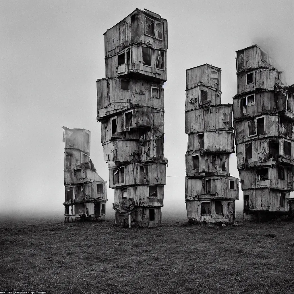 Prompt: two towers, made up of makeshift squatter shacks with pastel colours, misty, dystopia, mamiya rb 6 7, fully frontal view, very detailed, photographed by trent parke