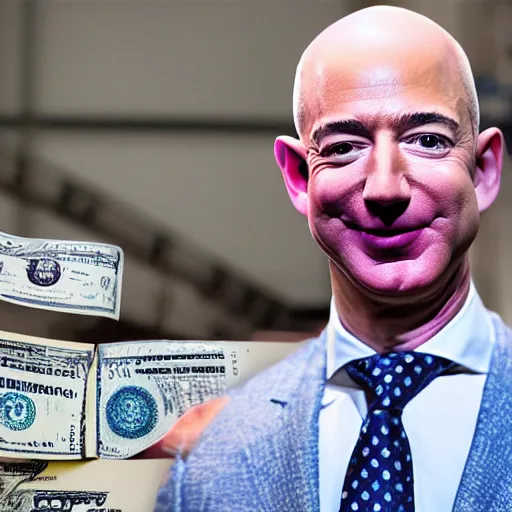 Prompt: jeff bezos with body paint of 100 dollar bills