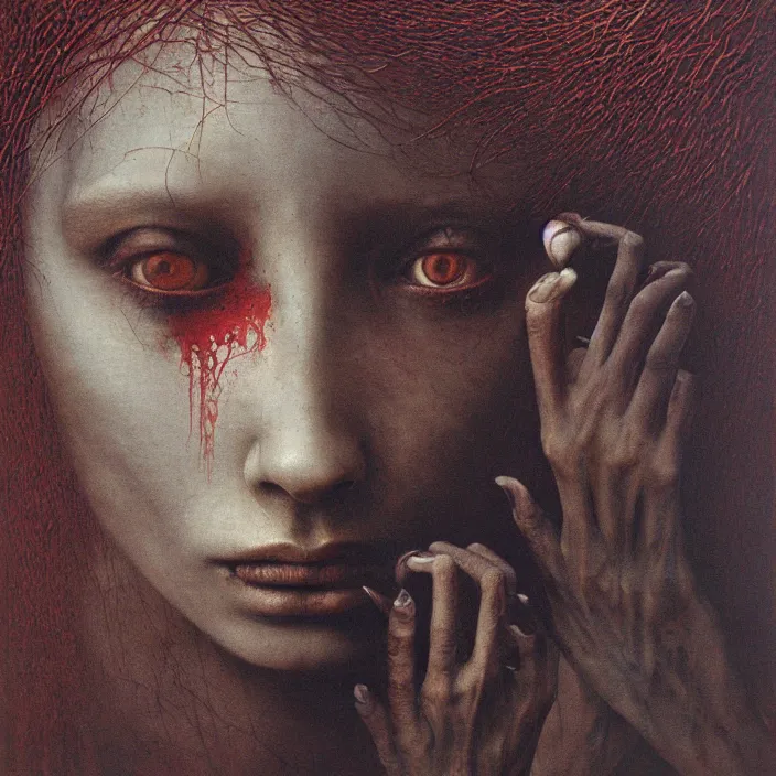 Image similar to beksinski, zdzisław - her eyes wide, oil on canvas