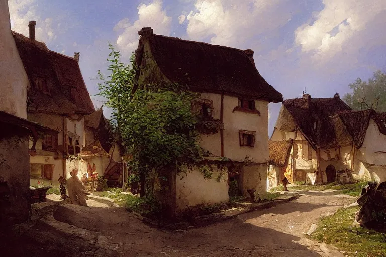 Prompt: small country village, carl spitzweg, james gurney, thrending on artstation