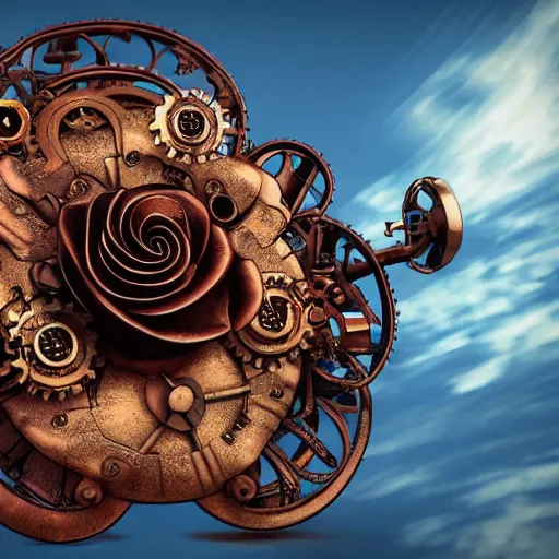 Image similar to giant mechanical rose, steampunk, fantasy art, sky, 4 k