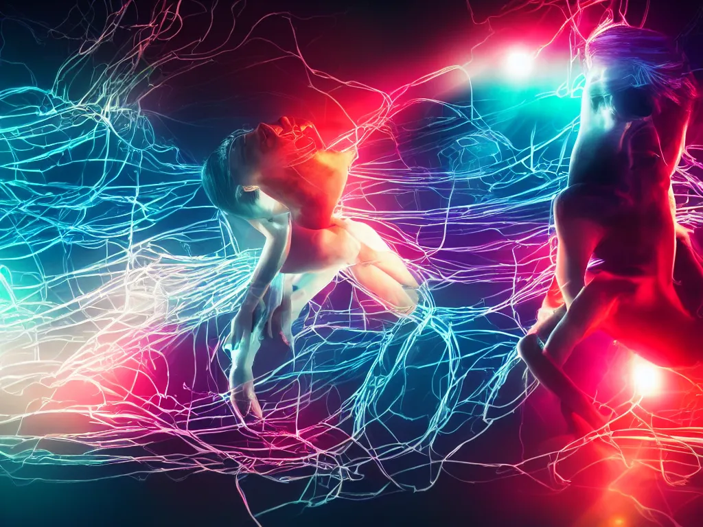 Image similar to a dancer in a rgb backlit environment, heavenly, cables, pc cooling equipment, clouds, mist, realistic