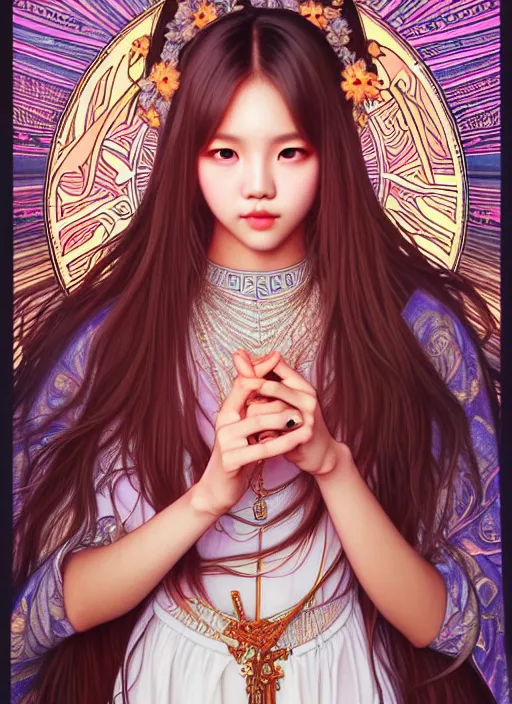 Image similar to lalisa manoban of blackpink, goddess of the moon, tarot card, highly detailed, digital painting, smooth, sharp focus, illustration, ultra realistic, 8 k, art by artgerm and alphonse mucha