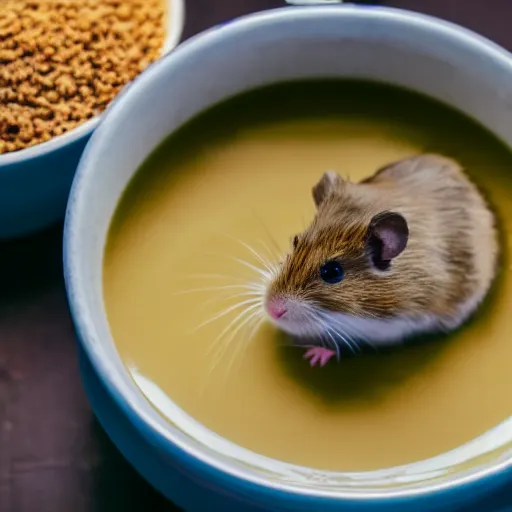 Prompt: detailed photo of a hamster eating soup, various poses, full body, daylight, 8 k