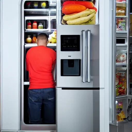 Prompt: man hiding inside a refrigerator