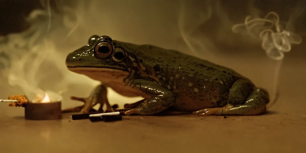 Image similar to detailed medium format photo, polaroid still from tarkovsky movie, frog while smoking a cigarette, haze, high production value, intricate details, 8 k resolution, hyperrealistic, hdr, photorealistic, high definition, tehnicolor, award - winning photography, masterpiece, amazing colors