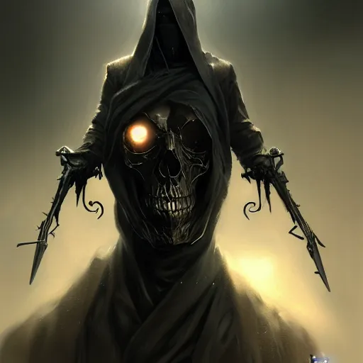 Image similar to skull face reaper, character portrait, sharp, digital matte painting, art by luis royo, greg rutkowski, wlop, dramatic lighting, trending on artstation