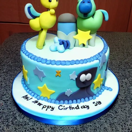 Prompt: a beautiful birthday cake with a design based on the tv show bluey, amazing beautifully decorated cake