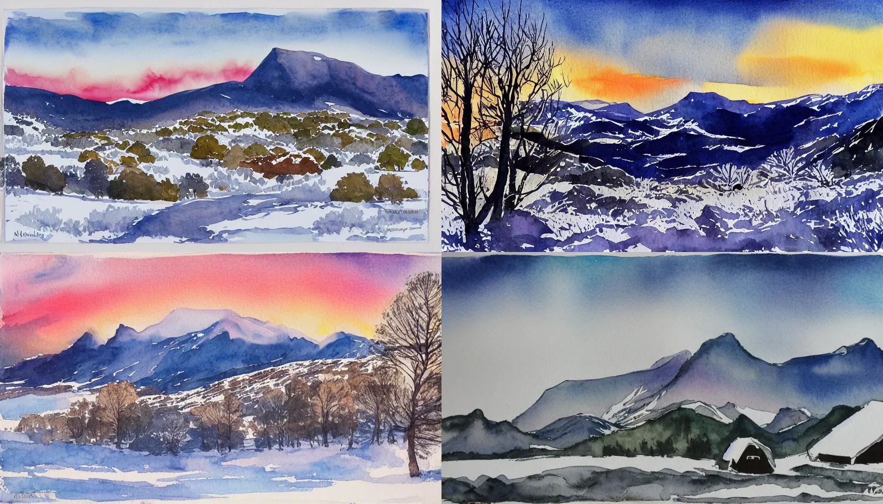 Prompt: norway, sunrise, countryside, mountains, winter, snow, trees, mountains, medium: watercolor and ink