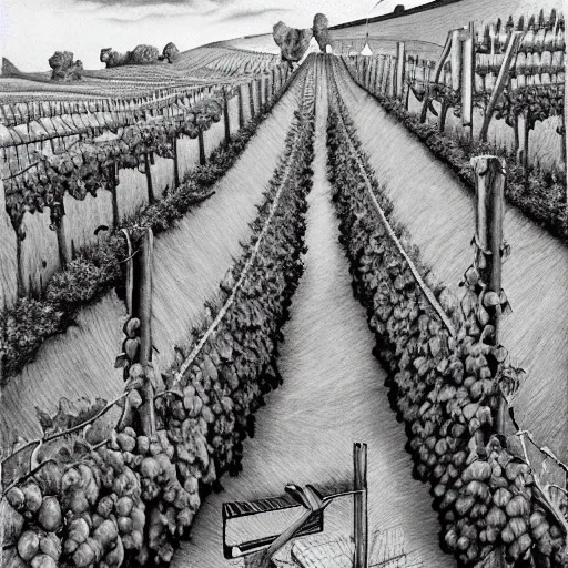 Image similar to Hyperrealism traditional austrian vineyard with workers, painting by MC Escher