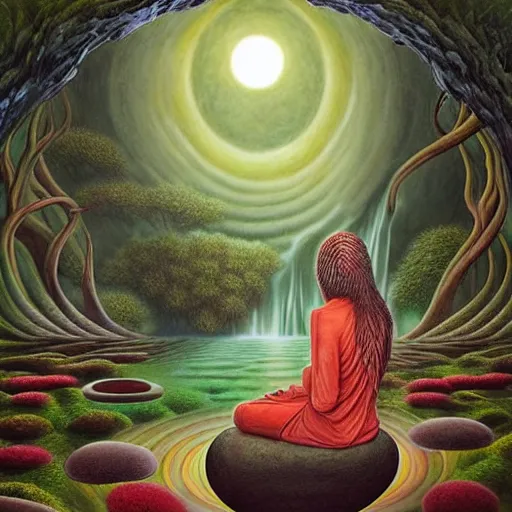 Image similar to an athromorphic wolf character meditating in a zen garden with a waterfall under the blood moon, by Adi granov and afarin sajedi and amanda sage and evgeni gordiets and Agostino Arrivabene and adonna khare in a psychedelic portrait style, ultrarealistic matte painting, volumetric lighting, fractal, extremely symmetrical, highly detailed face, orisha, 8k, hd