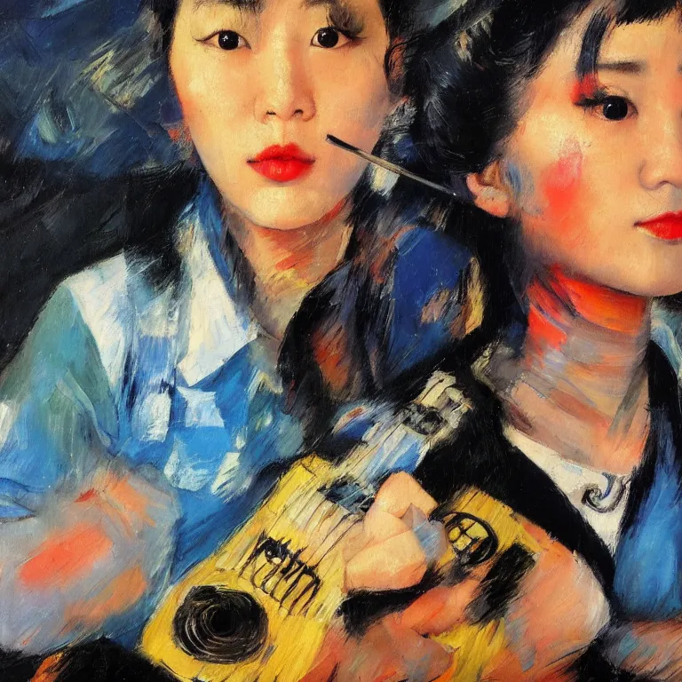 Prompt: close up studio portrait of Young Korean television actress as a punk rock drummer in 1979, impasto heavy brushstrokes oil painting by Mary Cassatt and Franz Marc and Norman Rockwell, Intense colors trending on artstation dramatic lighting Expressionism