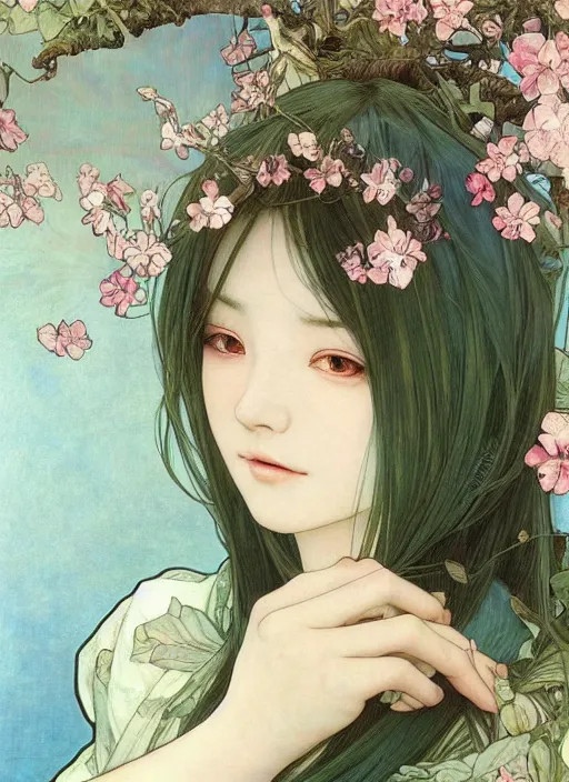 Prompt: breathtaking Female Portrait by Miho Hirano, ilya kuvshinov, alphonse mucha, realistic, detailed, blue, green tonalities, beautiful collage technique including flora, branches, birds, butterflies, ornate background, beautiful Fantasy detailed trending on artstation, oil painting,Dramatic lighting, eterea , high quality print, fine art with subtle redshift rendering