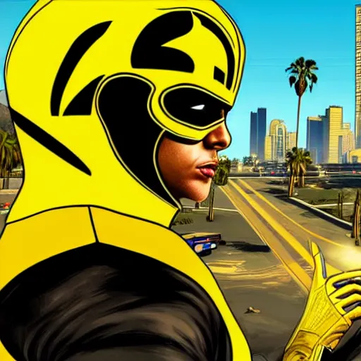 Image similar to yellow ranger in gta v cover art los santos in background, palm trees in the art style of stephen bliss, 4 k