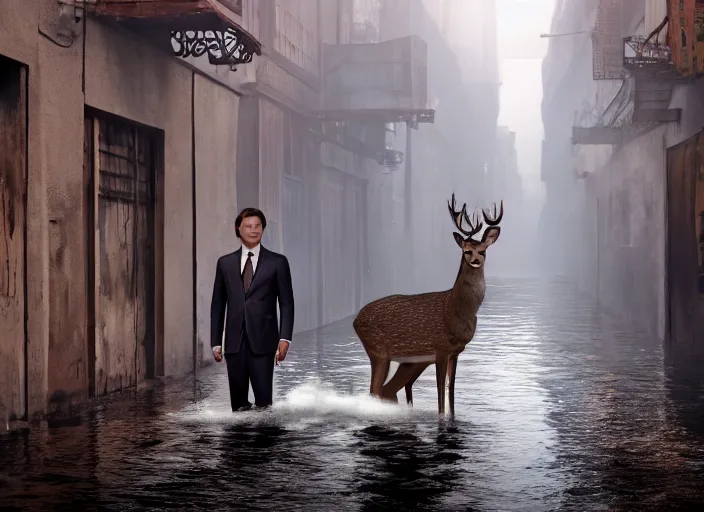 Image similar to a very high resolution image from a new movie, two deer wearing suits, in a narrow chinese alley, surrounded by water vapor, beatiful backgrounds, dramatic lighting, directed by wes anderson