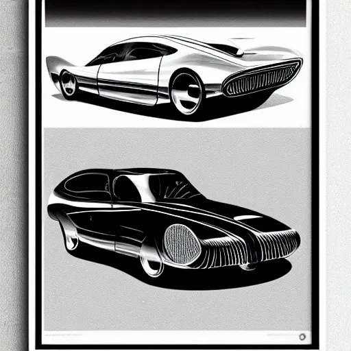 Prompt: the car from the future, vintage, futuristic style, retro - futurism, black and white, poster