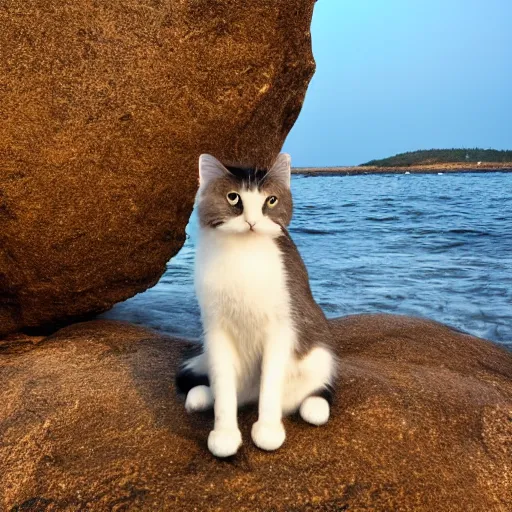 Prompt: sea cat sits on the wet rock near sea, photo, high detailed