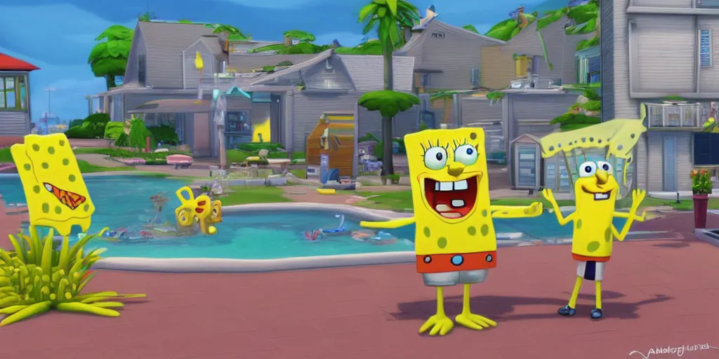 Image similar to SpongeBob in the sims 4 trending on artstation, hyper realism, depth of view 8k.