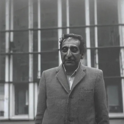 Prompt: Slick photo of Shiv Kumar Batalvi standing outside a building on a day when it rained earlier slightly chilly weather mist in the background photo taken by Saul Leiter and Henri Cartier-Bresson