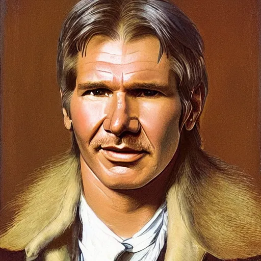 Image similar to a beautiful portrait of Harrison ford with long golden blond hair gazing warmly at the viewer, golden hour, by J.C Leyendecker and Peter Paul Rubens