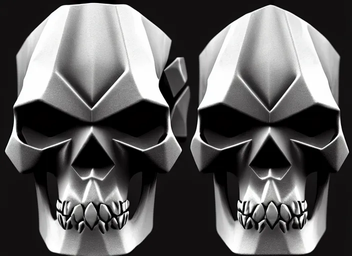 Prompt: jagged damaged brushed metal skull faceplate, stylized stl, 3 d render, activision blizzard style, hearthstone style, darksiders art style