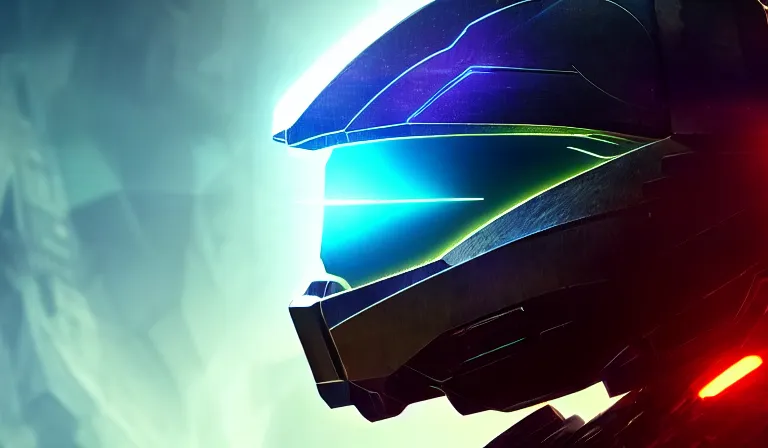 Image similar to cyberpunk halo helmet on space looking up, close shot, reflection, epic, dramatic, cinematic, award winning, ultra detailed, realistic, 8k,