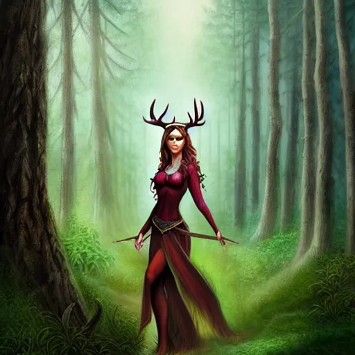 Prompt: elf woman that has antlers, forest in background, matte oil painting, dnd art, fantasy, stunning, beautiful, feral, clear, crisp, sharp, award - winning, portrait, extremely detailed