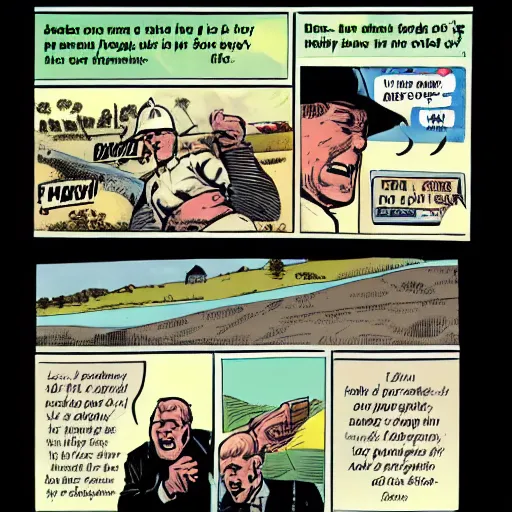 Image similar to comic book page of a farmer yelling, speech bubble with text