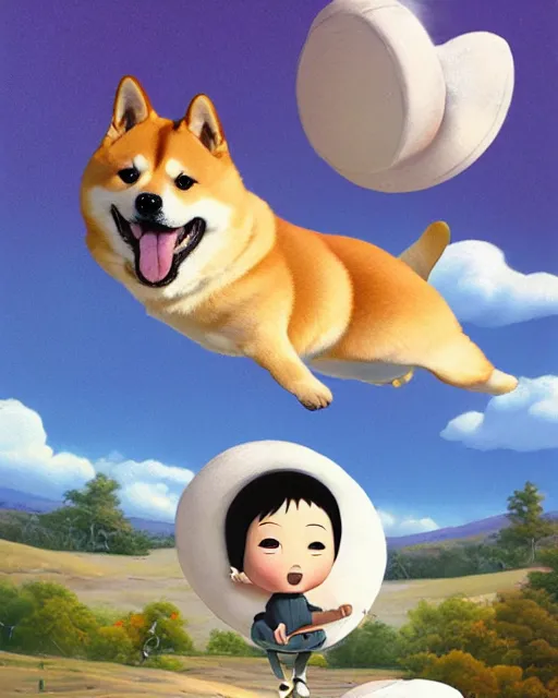 Image similar to shiba inu flies up with a frisbee ， painting photoshop by mark ryden and pixar and hayao miyazaki, 8 k