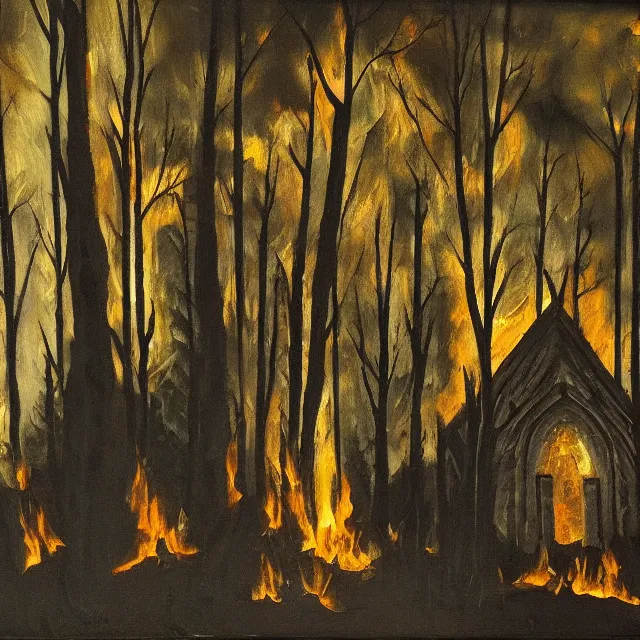 Image similar to burning church in a dark forest, oil painting