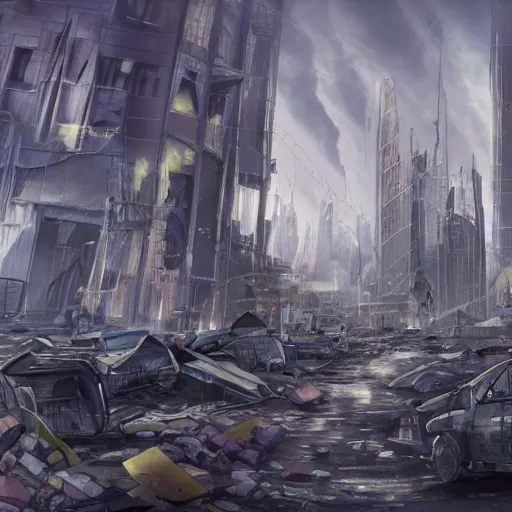 Image similar to damaged city, high - tech, concept art